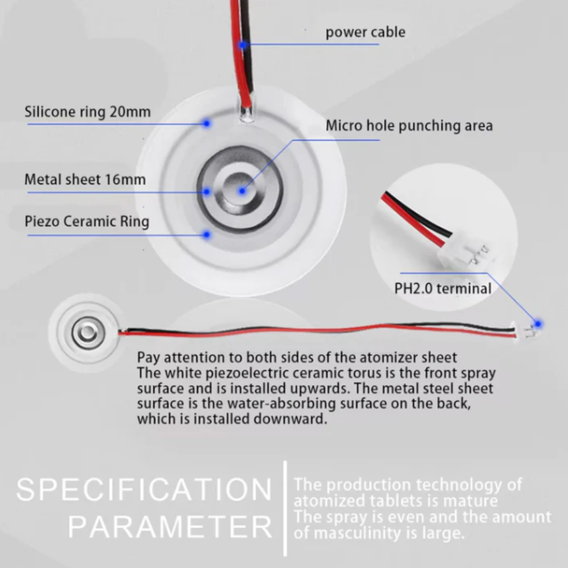 ShillehTek ultrasonic mist maker with labeled parts and technical specifications diagram
