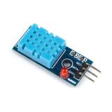Close-up of ShillehTek DHT11 sensor module blue sensor housing and red LED