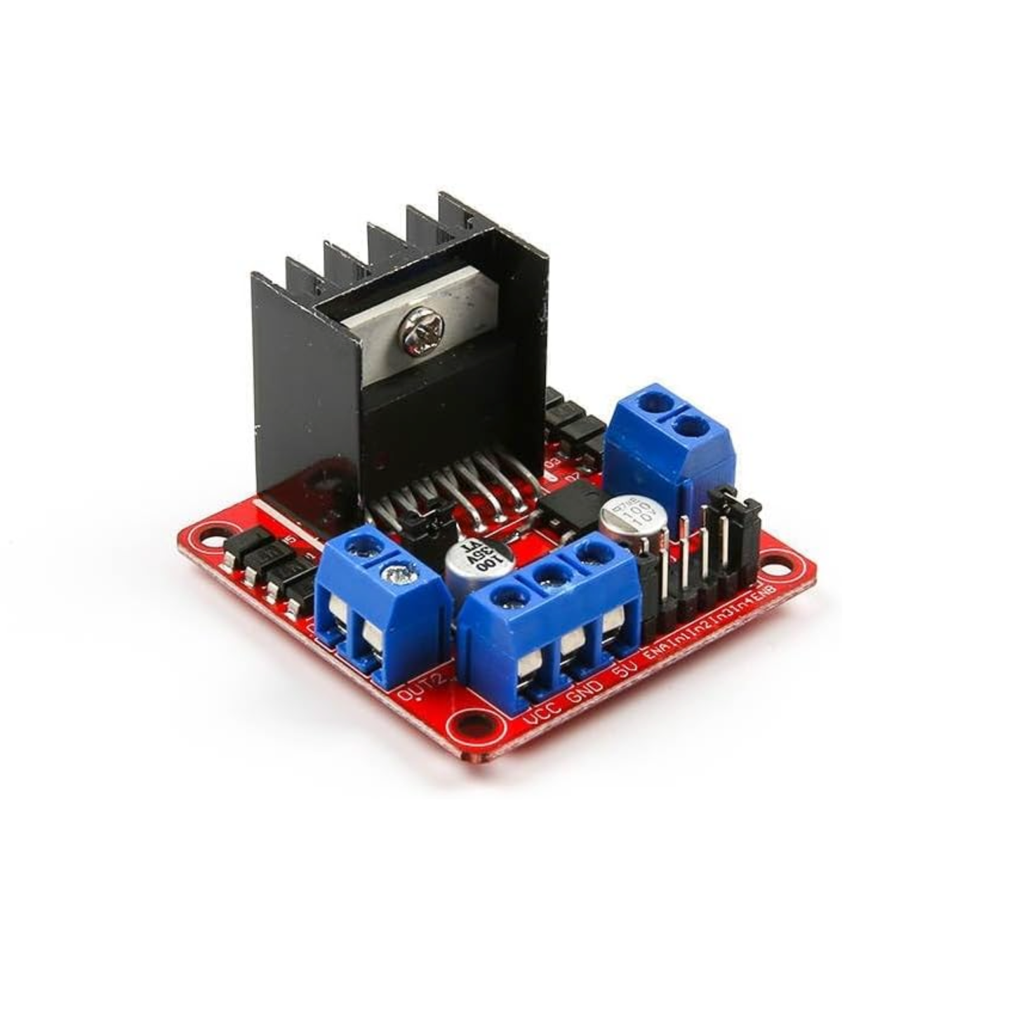 ShillehTek L298N Motor Driver Board showing side profile with heat sink and terminal blocks