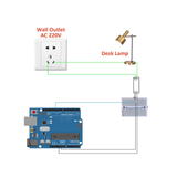 Diagram showing ShillehTek 4-Channel 12V Relay Module wired to Arduino controlling a desk lamp