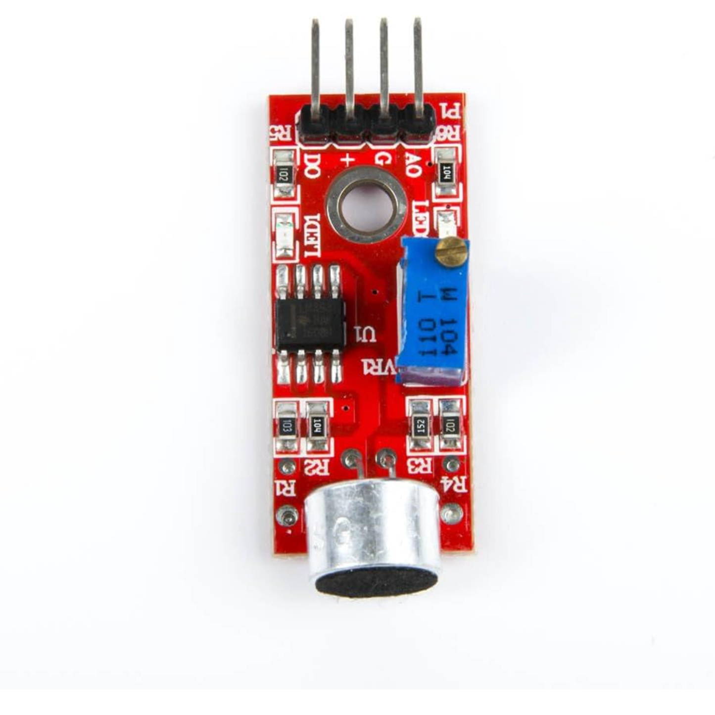 Front side view of ShillehTek KY-037 sensor module with pins and blue potentiometer