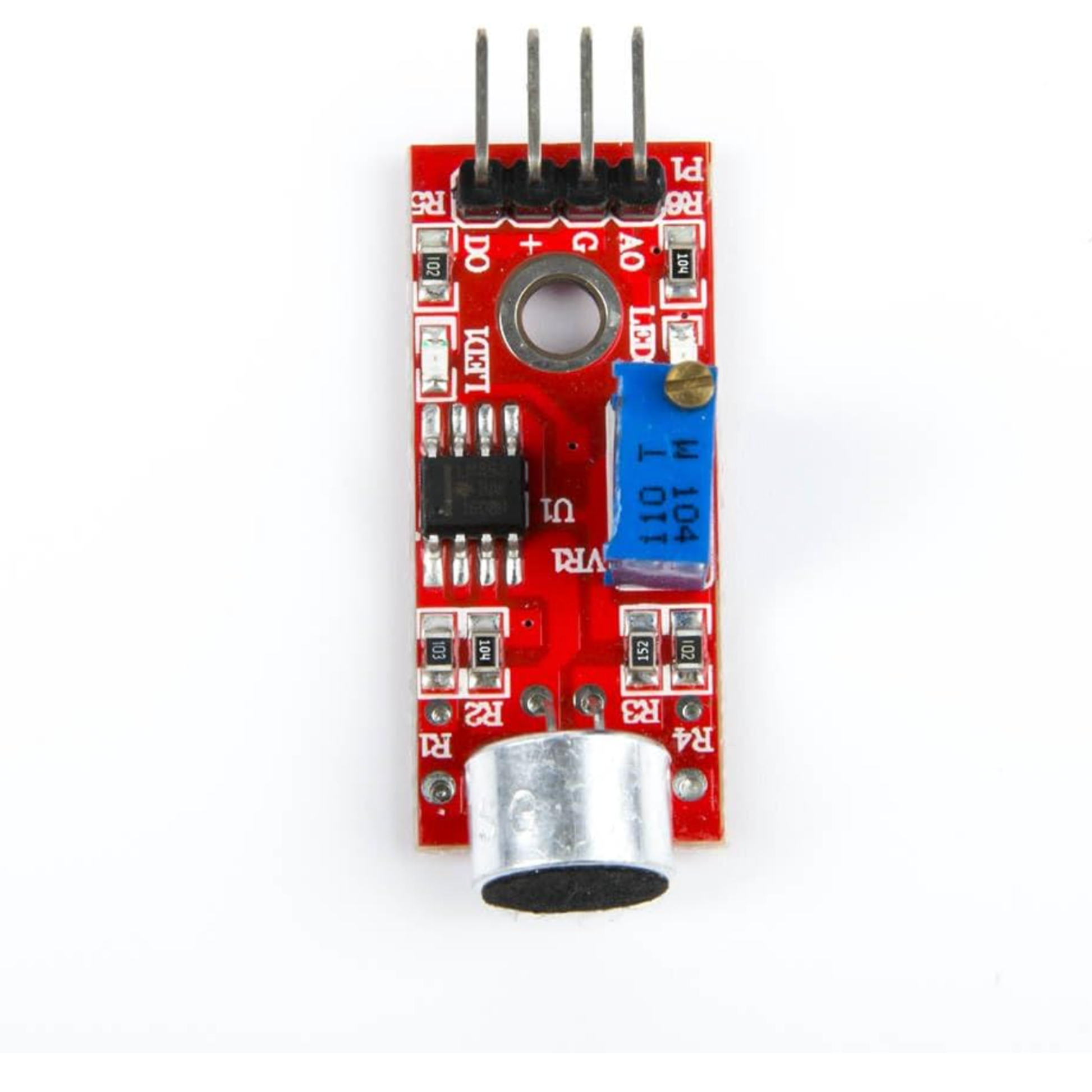 Front side view of ShillehTek KY-037 sensor module with pins and blue potentiometer
