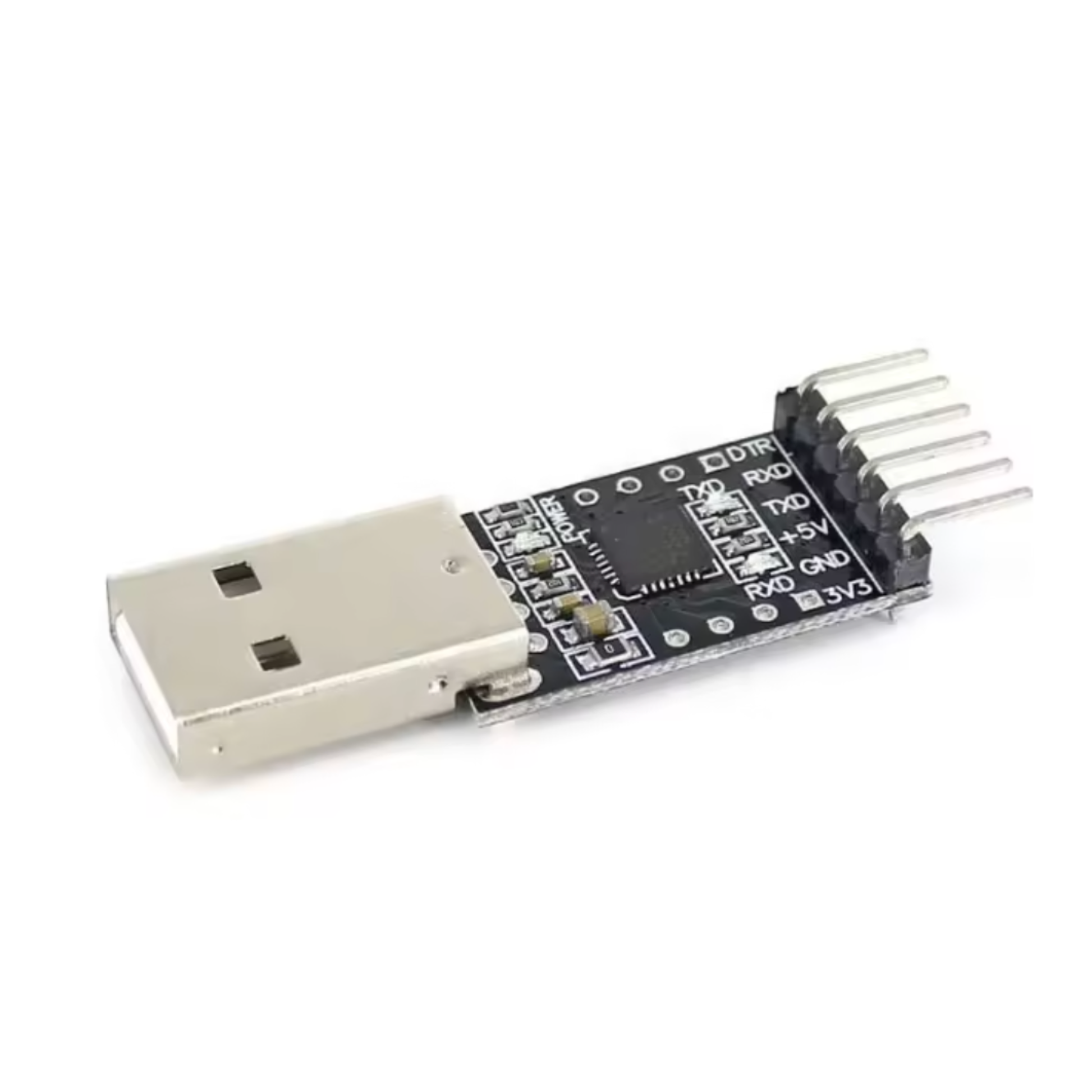 Side angle view of ShillehTek CP2102 USB to TTL UART Serial Converter Module with pins