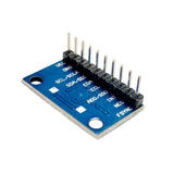 Angled view of blue ShillehTek MPU9250 GY-9250 sensor showing pin labels