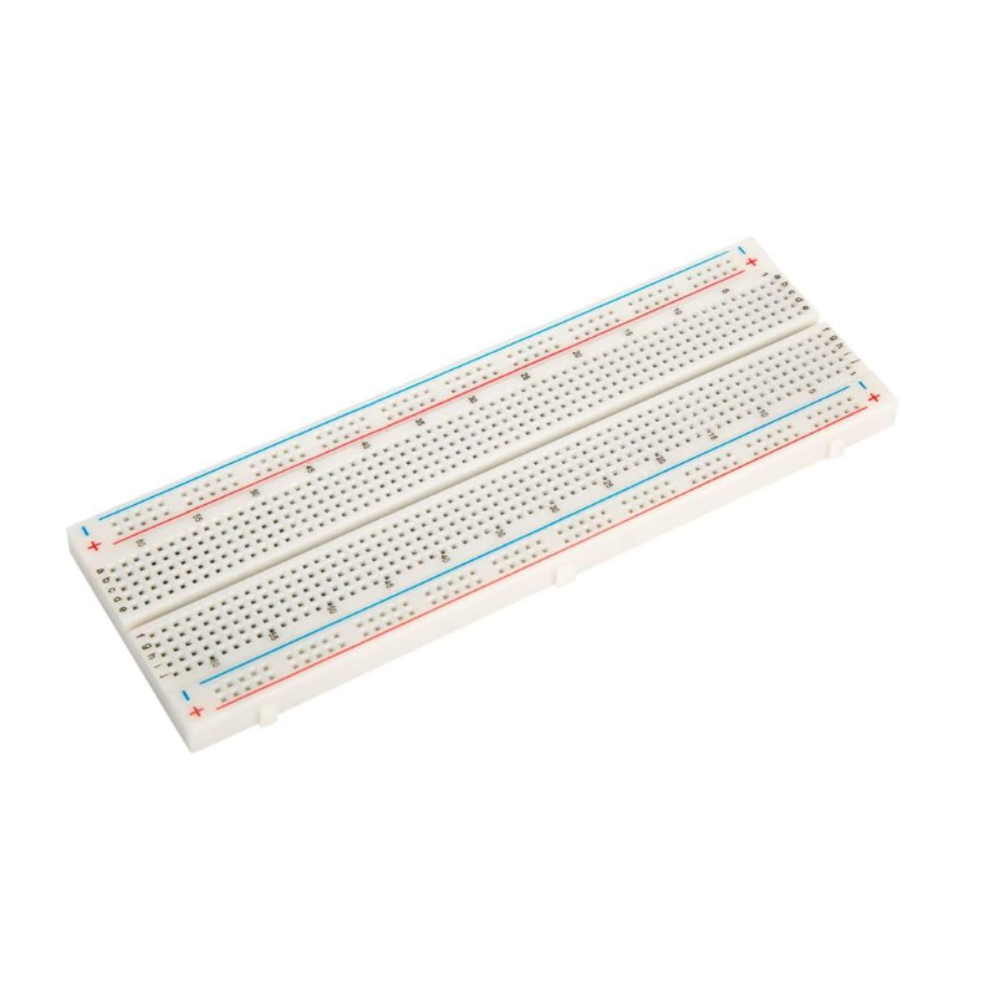 Isolated solderless breadboard showing connection strips and labels
