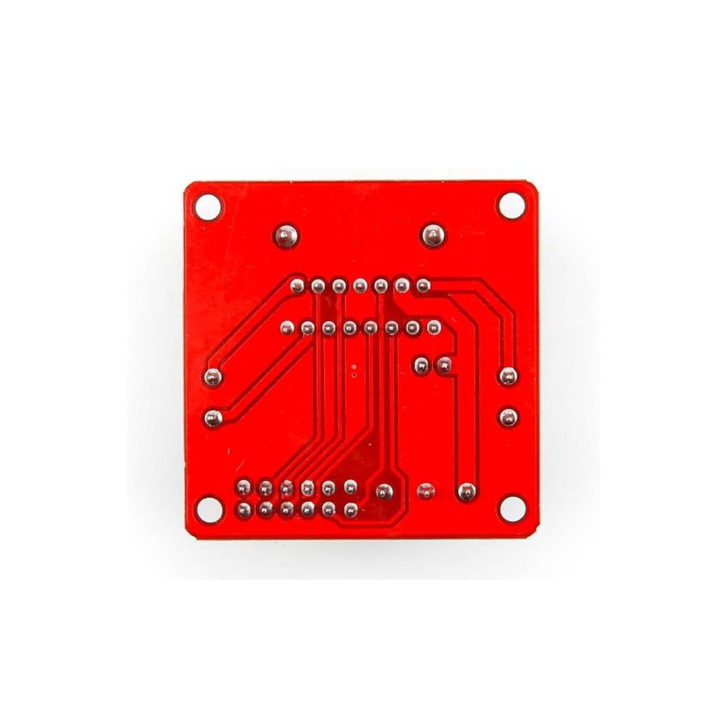 Bottom side of red PCB for ShillehTek L298N Motor Driver Board with solder joints