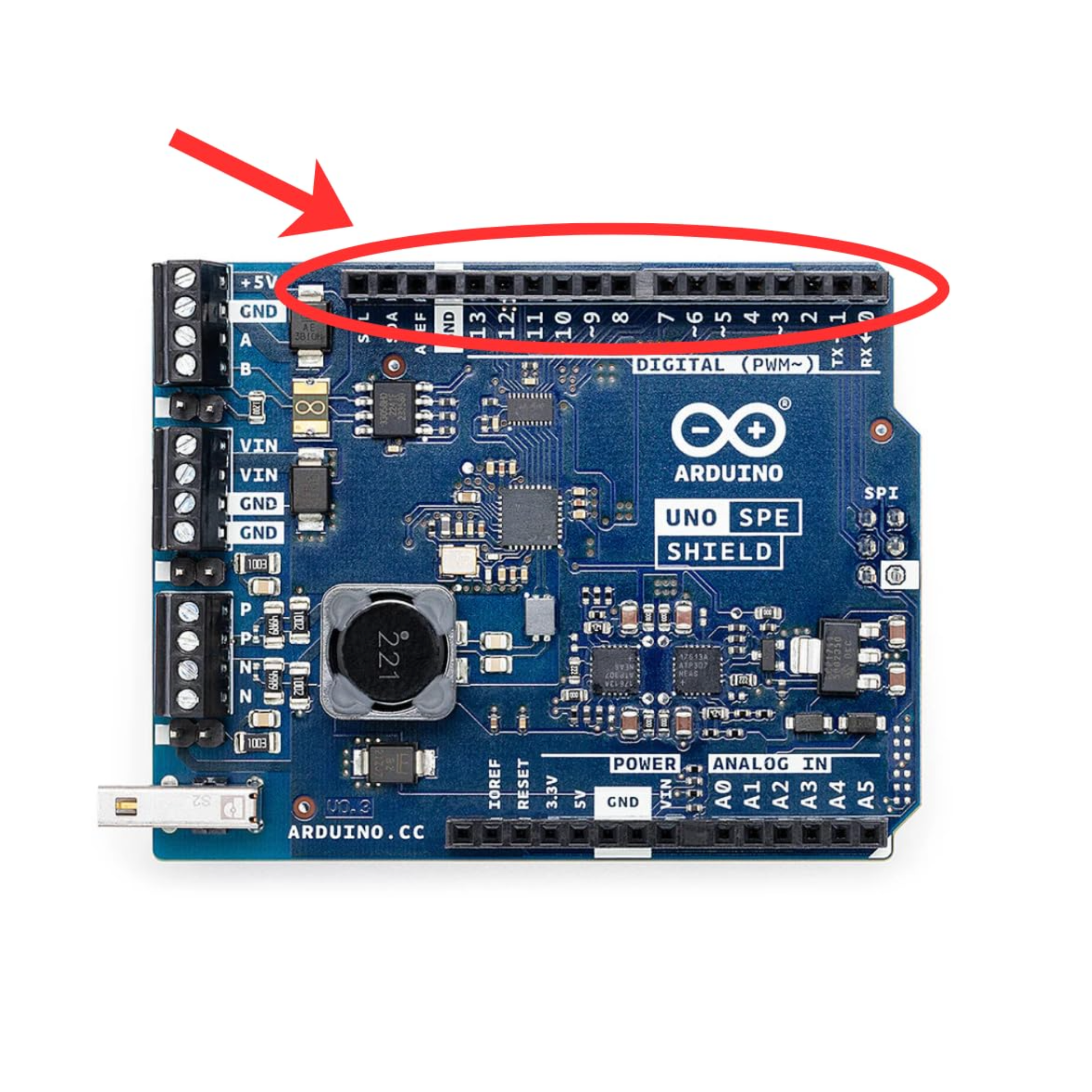 Black female header pins installed on Arduino board with red circle highlight