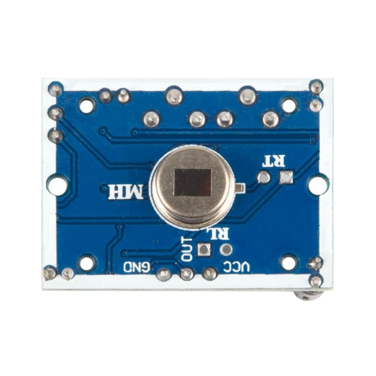 ShillehTek HC-SR501 PIR sensor bottom angle view displaying circuitry and metal sensor