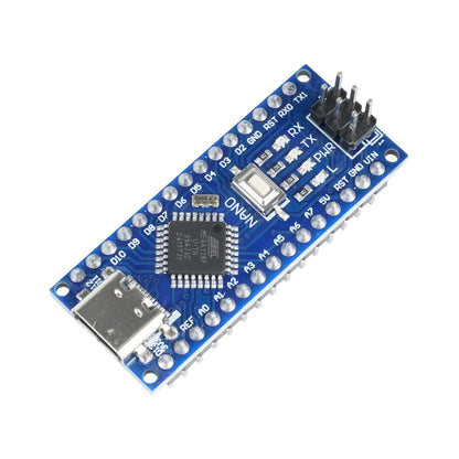 Arduino Nano V3.0 ATmega328P Type-C board angled top showing microcontroller and pins