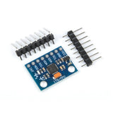 ShillehTek MPU6050 accelerometer sensor board angled with two strips of pins