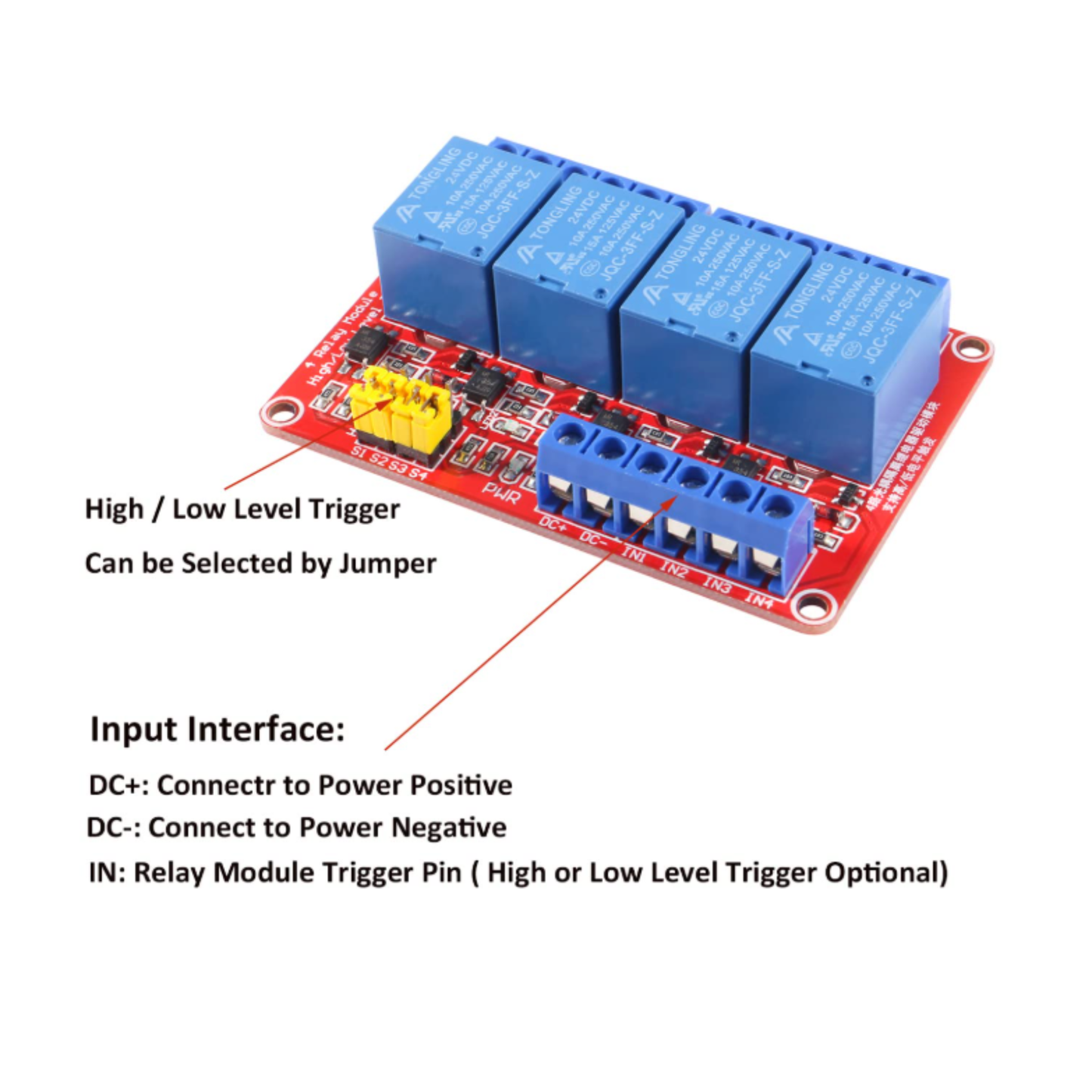 Annotated image of ShillehTek relay board showing jumper and input interface labels