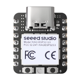 Close-up of XIAO ESP32S3 microcontroller black circuit board with USB-C port