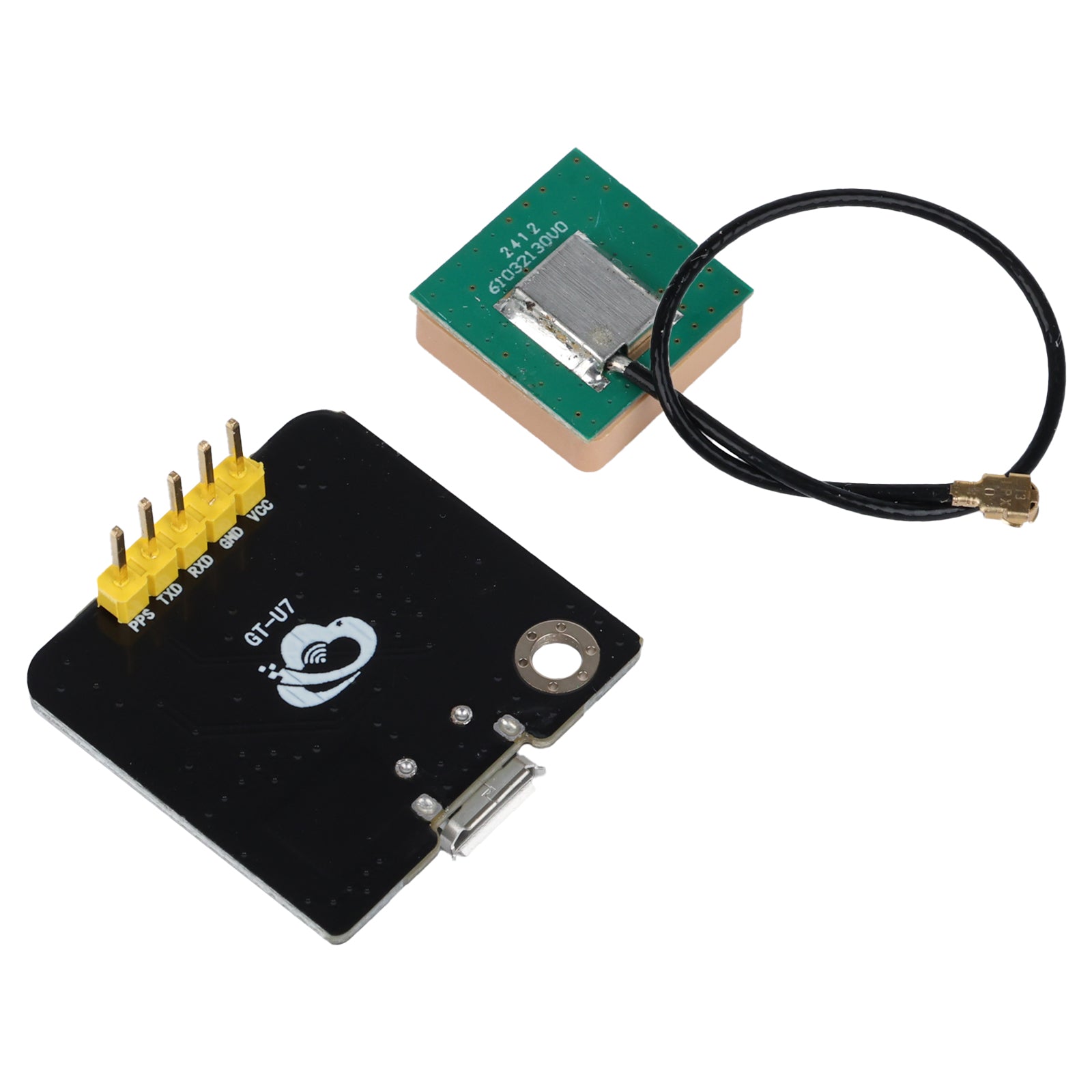 Back of GT-U7 NEO-6M GPS Module with labeled pins and square antenna ShillehTek