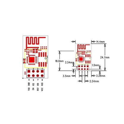 Technical drawing and pin layout diagram for ShillehTek ESP8266 ESP-01 Wireless Transceiver