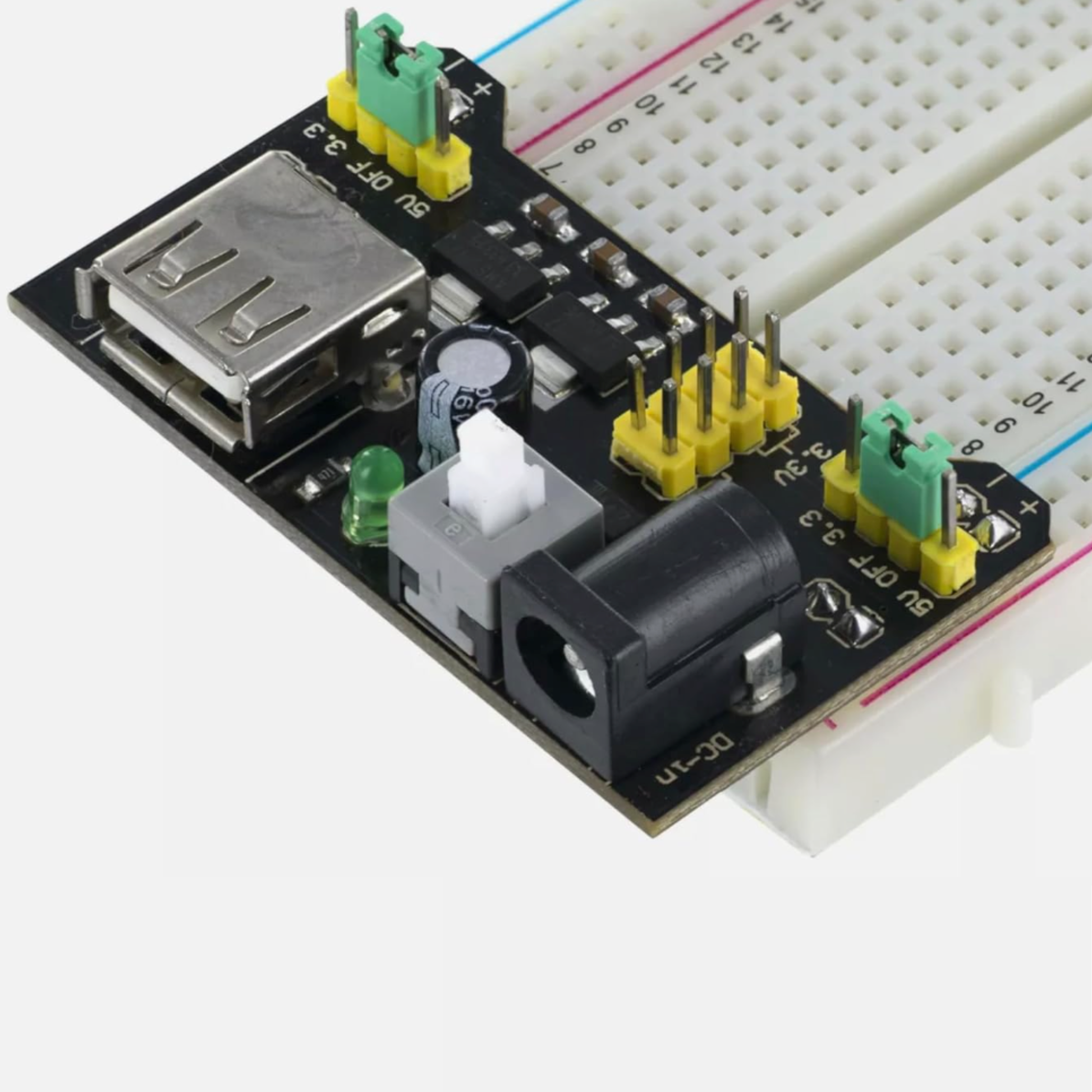 Close-up of ShillehTek MB102 power supply module showing power supply switch and LED indicator