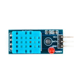 Top down view of ShillehTek DHT11 sensor module showing blue housing and pins