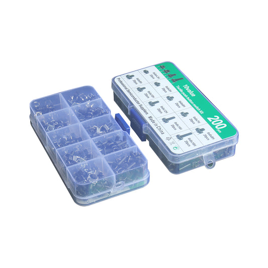 200-piece 6mm light touch button switch kit in a plastic storage box with compartments