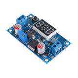 Close angled perspective of ShillehTek LM2596 step-down converter with digital voltmeter