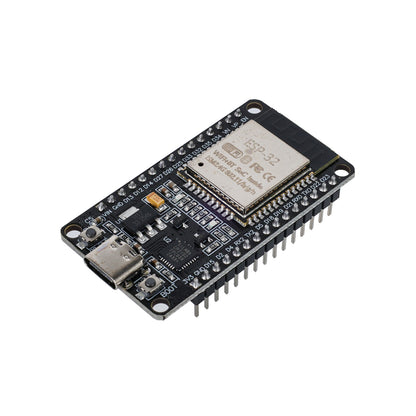 ESP32 S Dev Board with labeled pins and metal ESP-32 shield