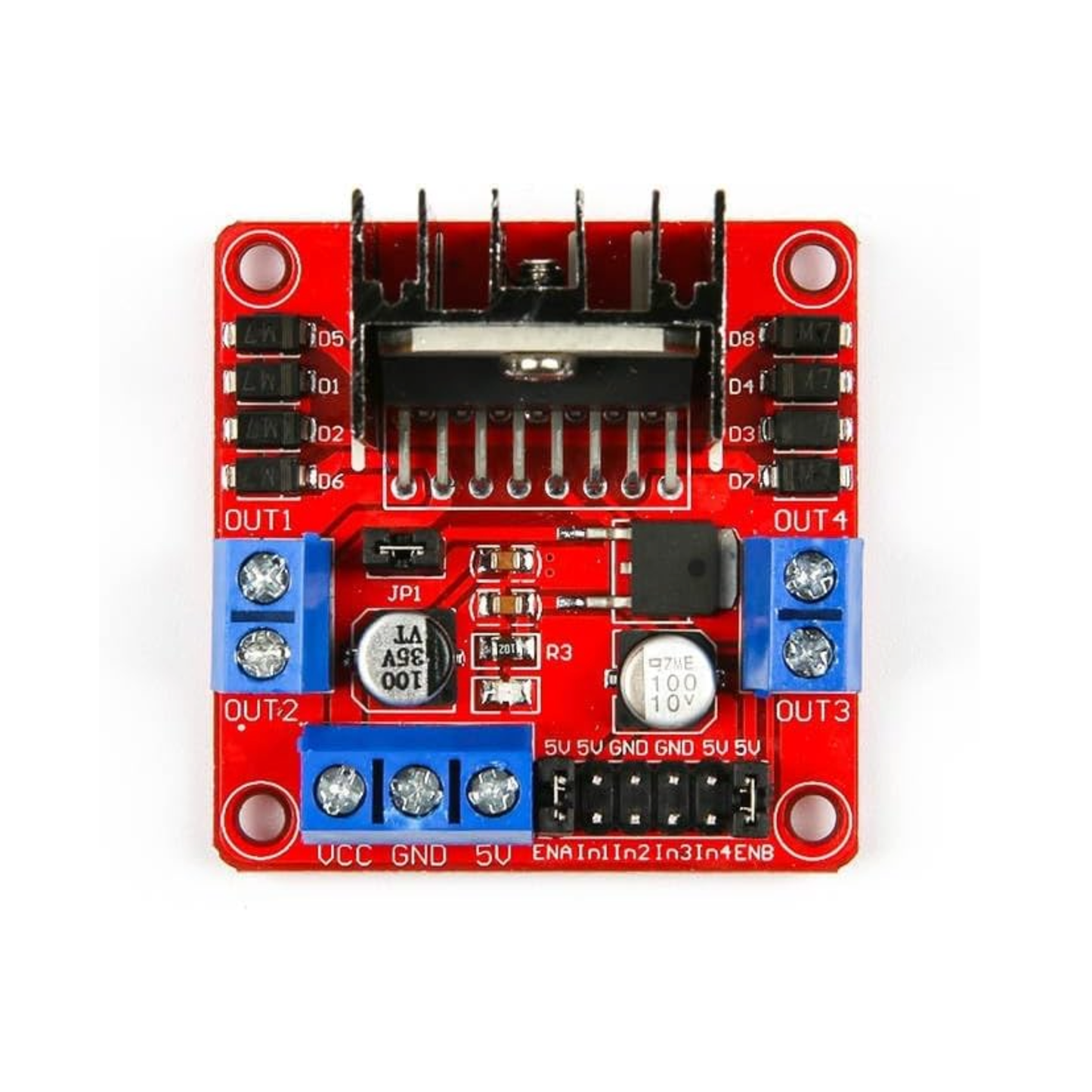 Top-down view of ShillehTek L298N Motor Driver Board with terminal connectors and heat sink