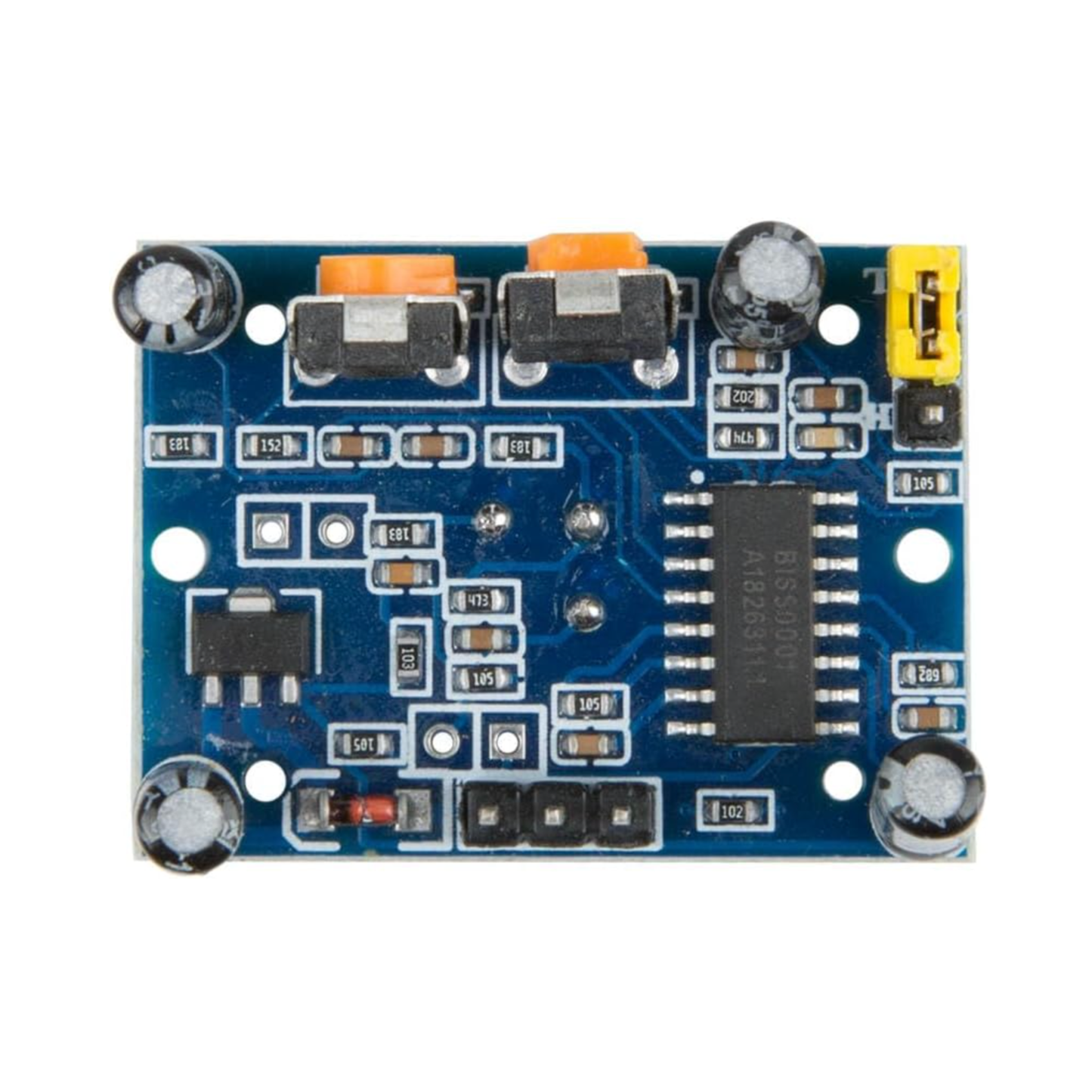 ShillehTek HC-SR501 PIR sensor bottom view showing components on blue PCB