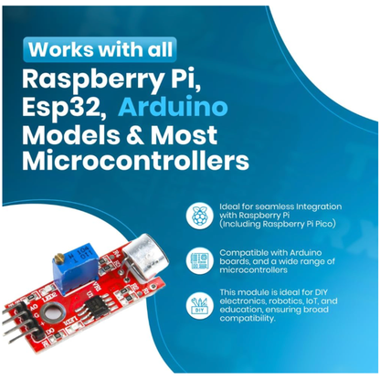 Informative card highlighting ShillehTek KY-037 module compatibility with Arduino and Raspberry Pi