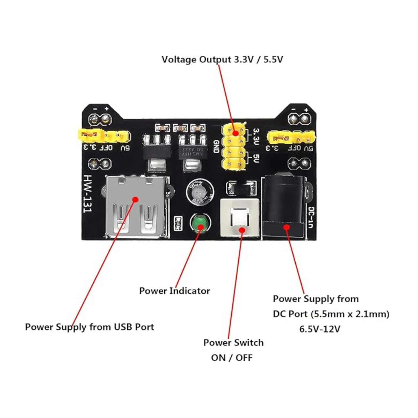 Diagram labeling ShillehTek MB102 power supply ports, LED indicator, and switch