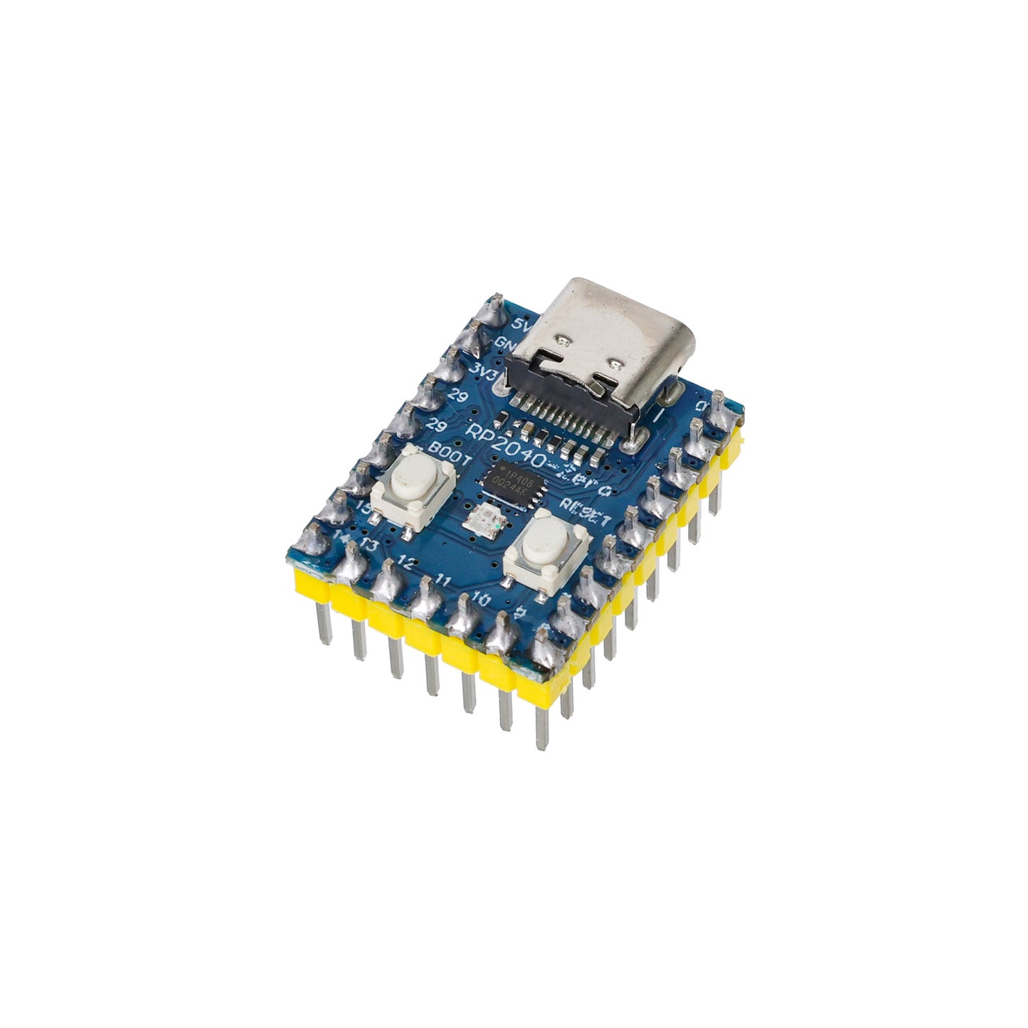 angled top shot of ShillehTek RP2040 Zero Microcontroller Board focusing on main chip and pins