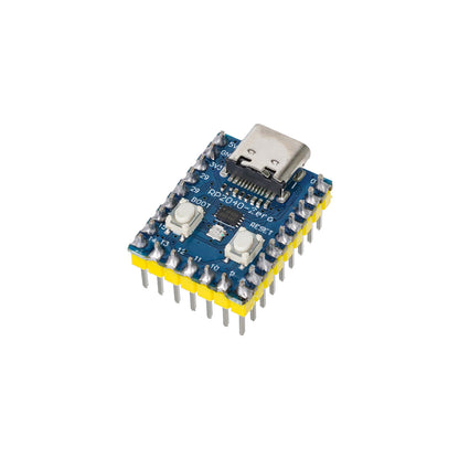 angled top shot of ShillehTek RP2040 Zero Microcontroller Board focusing on main chip and pins