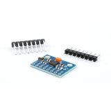 Close angled view of ShillehTek MPU6050 IMU sensor with pin headers on white surface