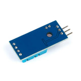 Bottom side view of ShillehTek DHT11 sensor module showing blue PCB and soldering points