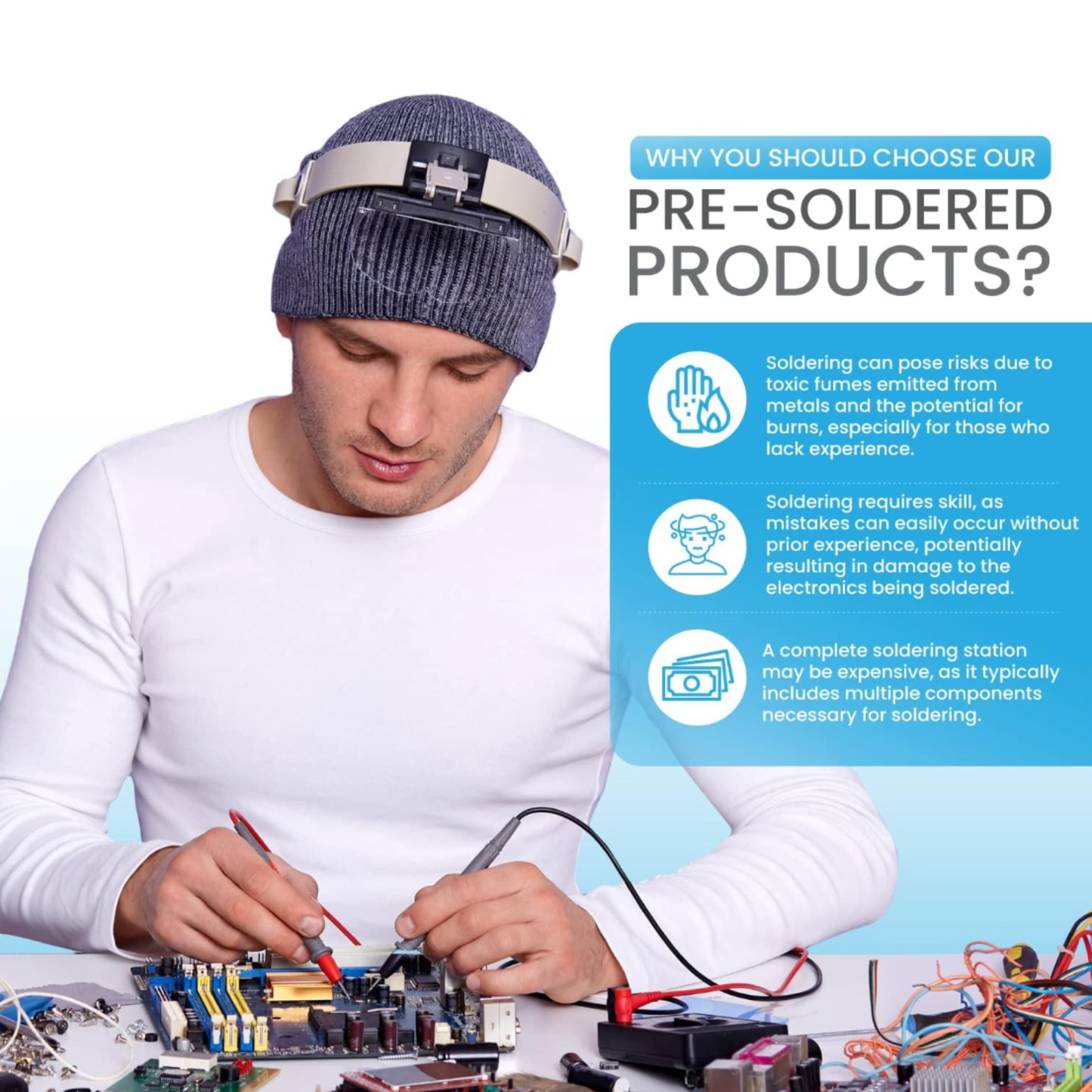 Man using soldering tools on circuit board explaining pre-soldered benefits