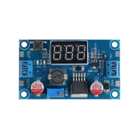 Top view of ShillehTek LM2596 step-down buck converter module with digital voltmeter