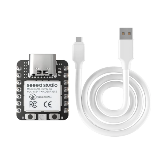 Seeed Studio XIAO ESP32C3 microcontroller next to white USB Type-C to USB cable