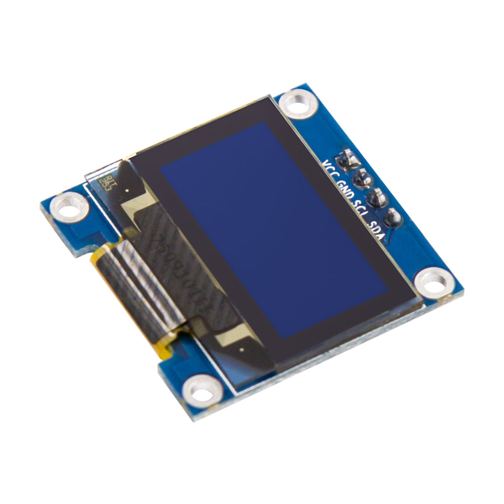angled close-up of blue I2C OLED display module SSD1306 0.96 inch for Arduino ESP32