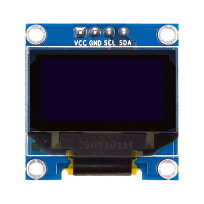 front view of blue SSD1306 0.96 inch OLED display module with VCC GND SCL SDA labels