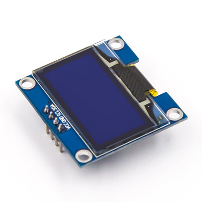 Tilted view of 1.3 inch I2C blue OLED display module with pins ShillehTek