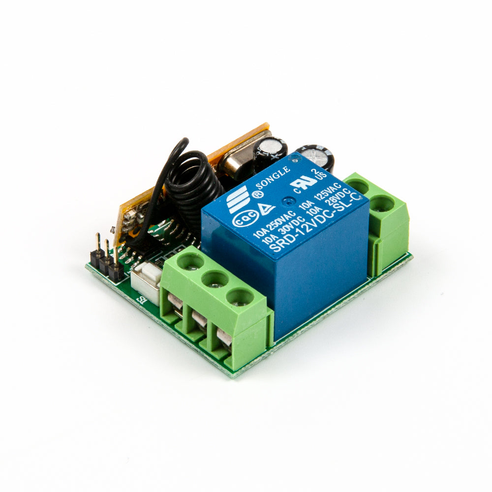 Close-up side view of relay module with visible blue relay and coil antenna