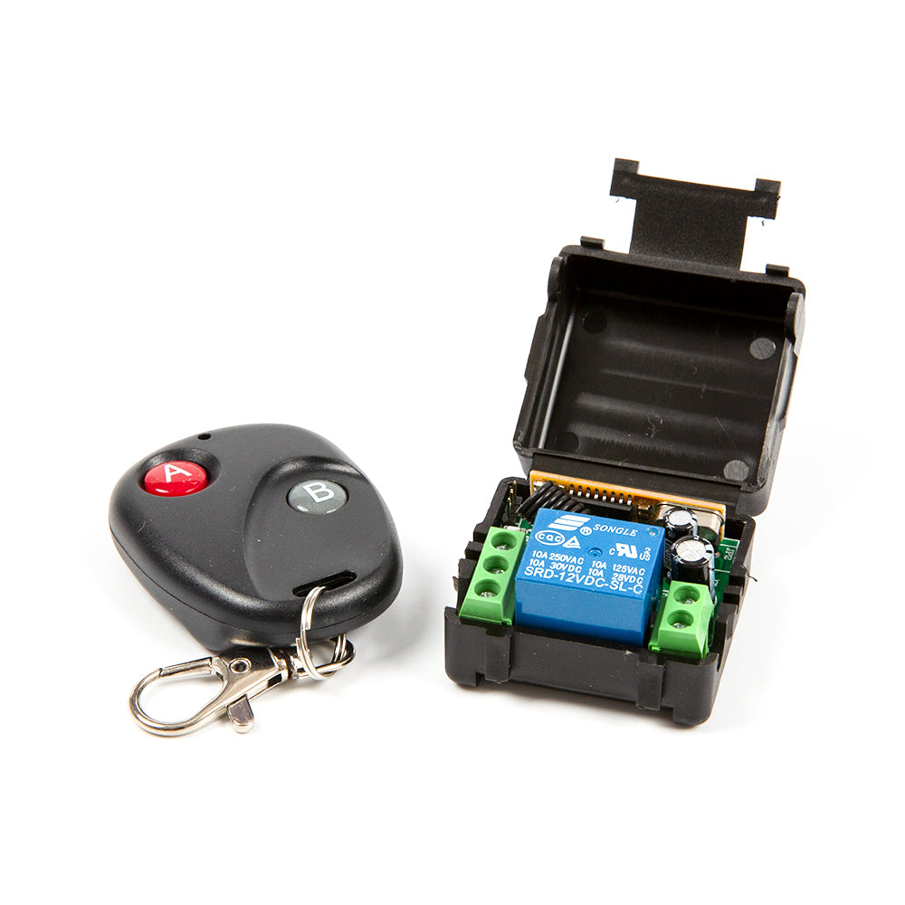 433MHz 12V 1-Channel Relay Module and black wireless remote key fob