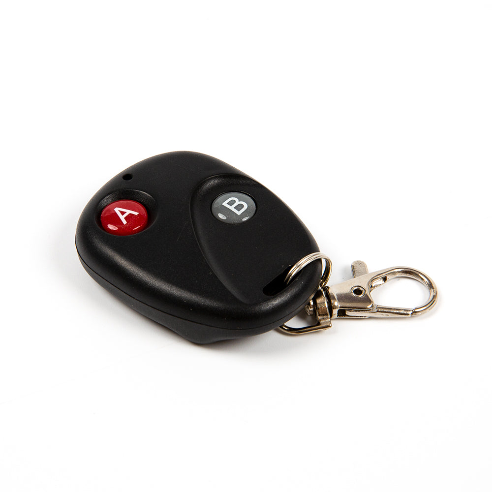 Front view of black two-button wireless remote key fob for ShillehTek relay