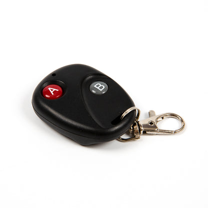 Front view of black two-button wireless remote key fob for ShillehTek relay