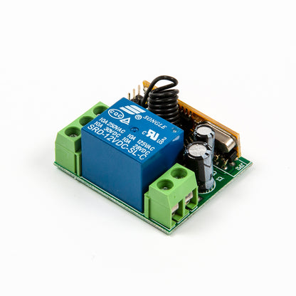 Side angle of 1-channel relay module with visible antenna coil and terminal blocks