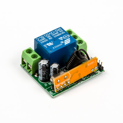 Underside of relay module circuit board with soldered terminals for ShillehTek product