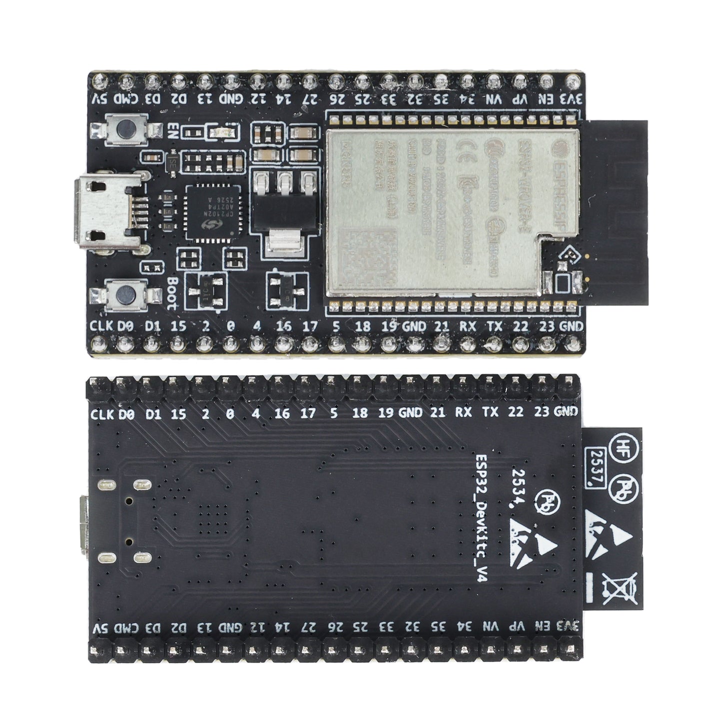 Combined top and bottom views of ESP32-DevKitC-VE pre-soldered dev board