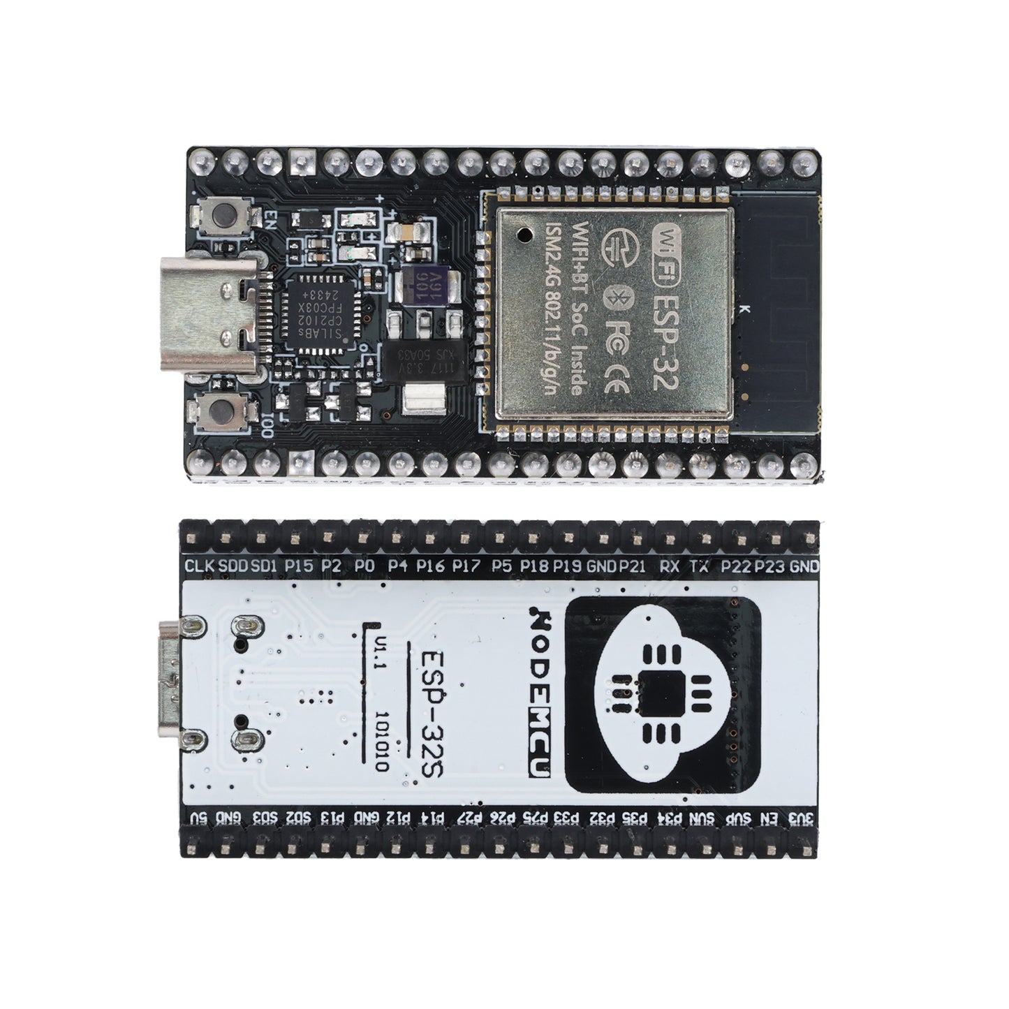 ESP32 Dev Board 4MB CP2102 USB-C bottom side with full pin labels