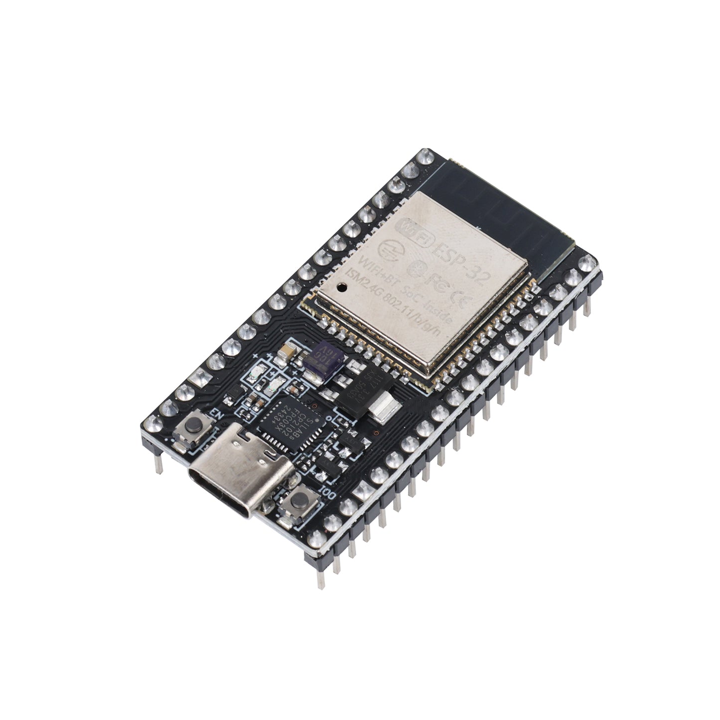 ESP32 Dev Board 4MB CP2102 USB-C angled front view with pins