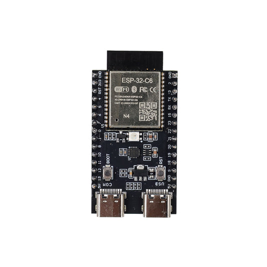 Top view of ESP32-C6-N4 pre-soldered development board showing metal shield