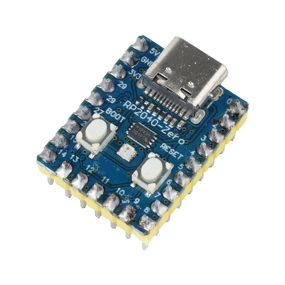 angled side view of ShillehTek RP2040 Zero Microcontroller Board with yellow header pins