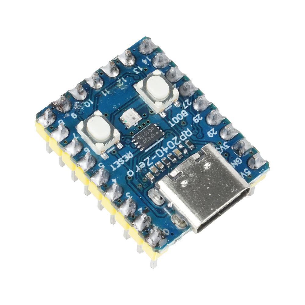 angled close-up side view of ShillehTek RP2040 Zero Microcontroller Board showing USB-C port