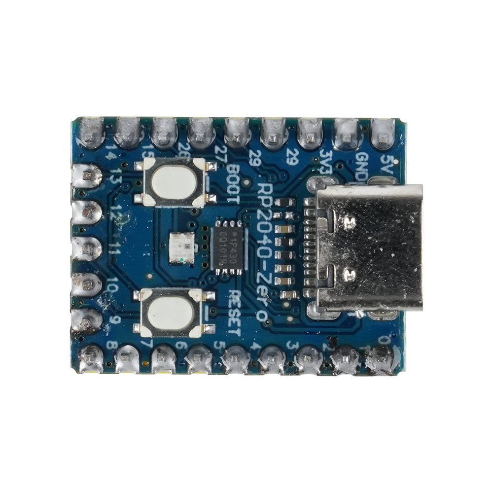 top close-up of ShillehTek RP2040 Zero Microcontroller Board with reset and boot buttons
